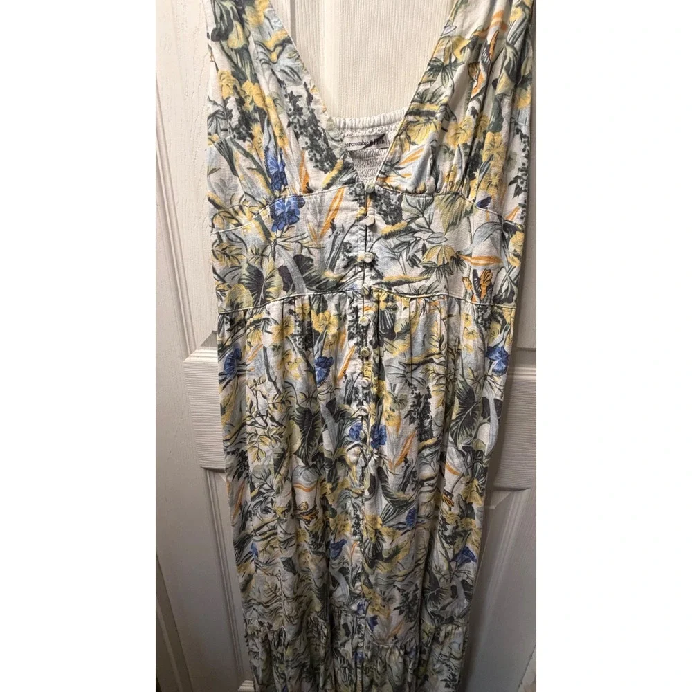 Abercrombie & Fitch Tropical Floral Button Front Smocked Maxi Dress Yellow Blue
